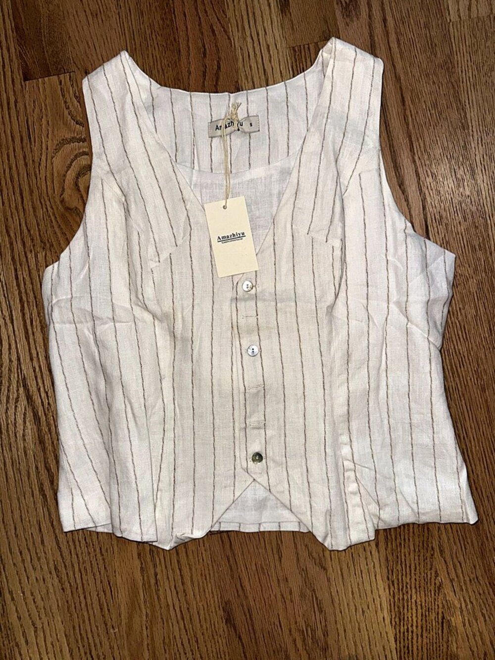 NWT Amazhiyu Linen Pinstripe Vest Waistcoat Top Cream Brown Size S